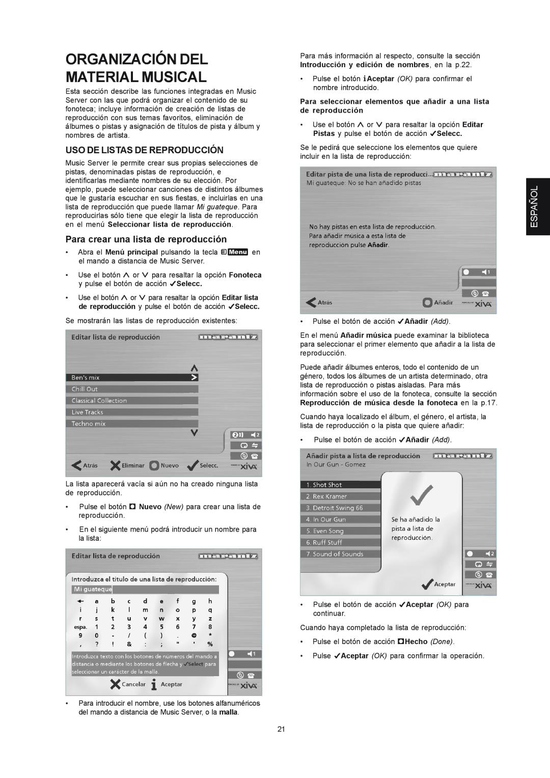 Marantz DH9300 Organización DEL Material Musical, USO DE Listas DE Reproducción, Para crear una lista de reproducción 