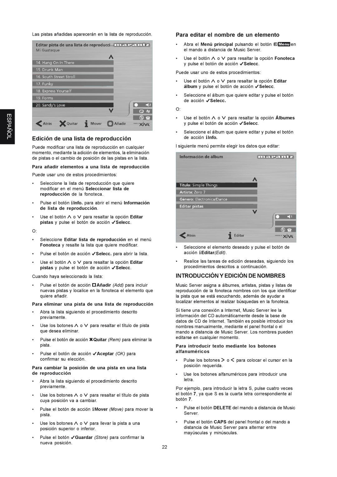 Marantz DH9300 manual Edición de una lista de reproducción, Para editar el nombre de un elemento 