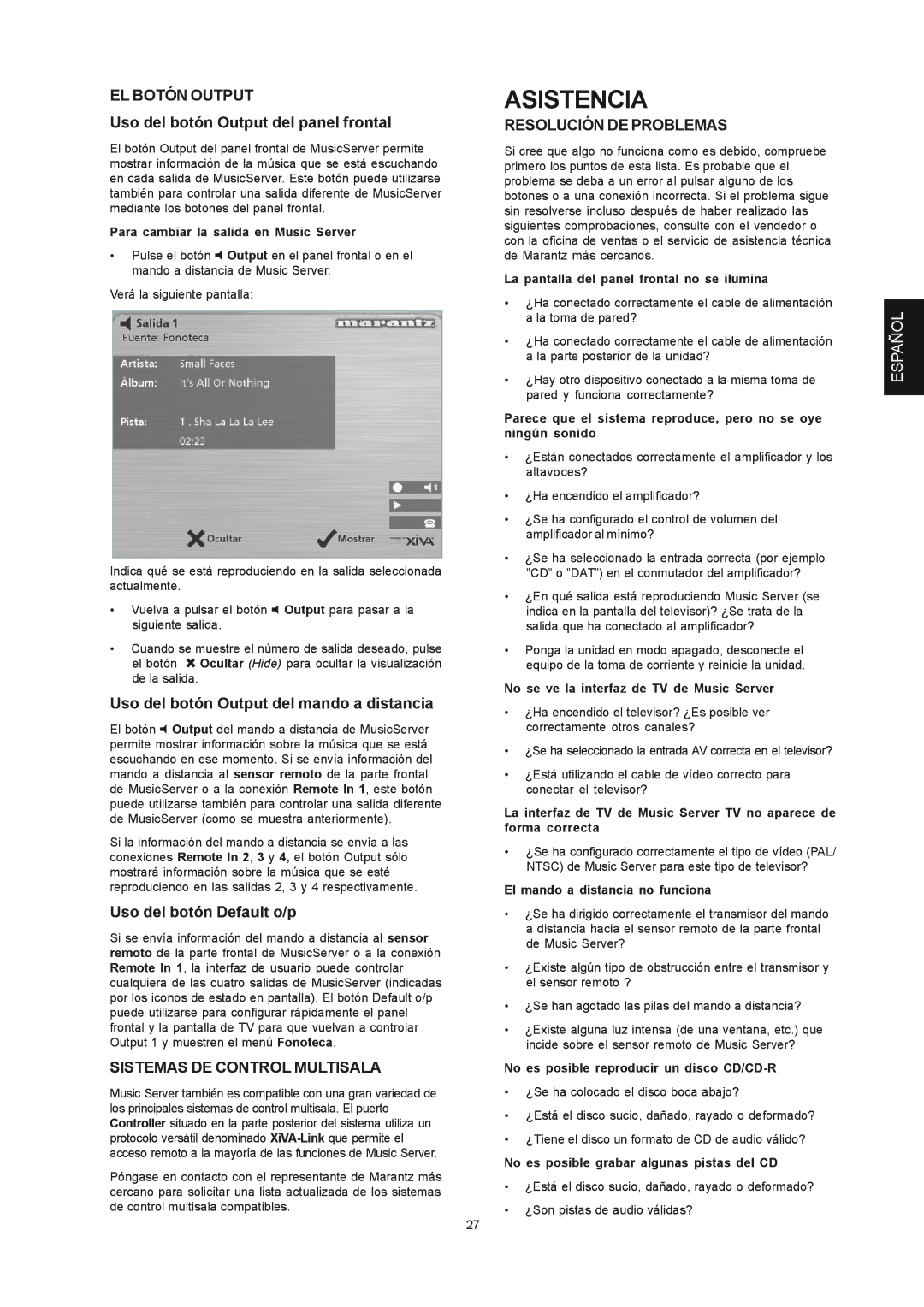 Marantz DH9300 manual Asistencia, EL Botón Output, Sistemas DE Control Multisala, Resolución DE Problemas 