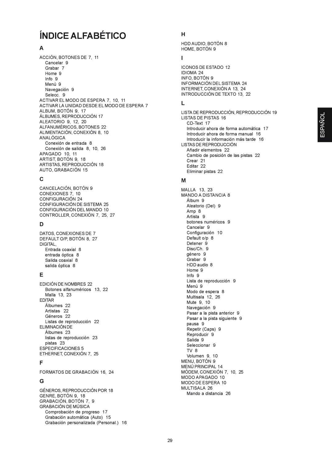Marantz DH9300 manual Índice Alfabético, ACCIÓN, Botones DE 7, Malla 13, 23 Mando a Distancia 