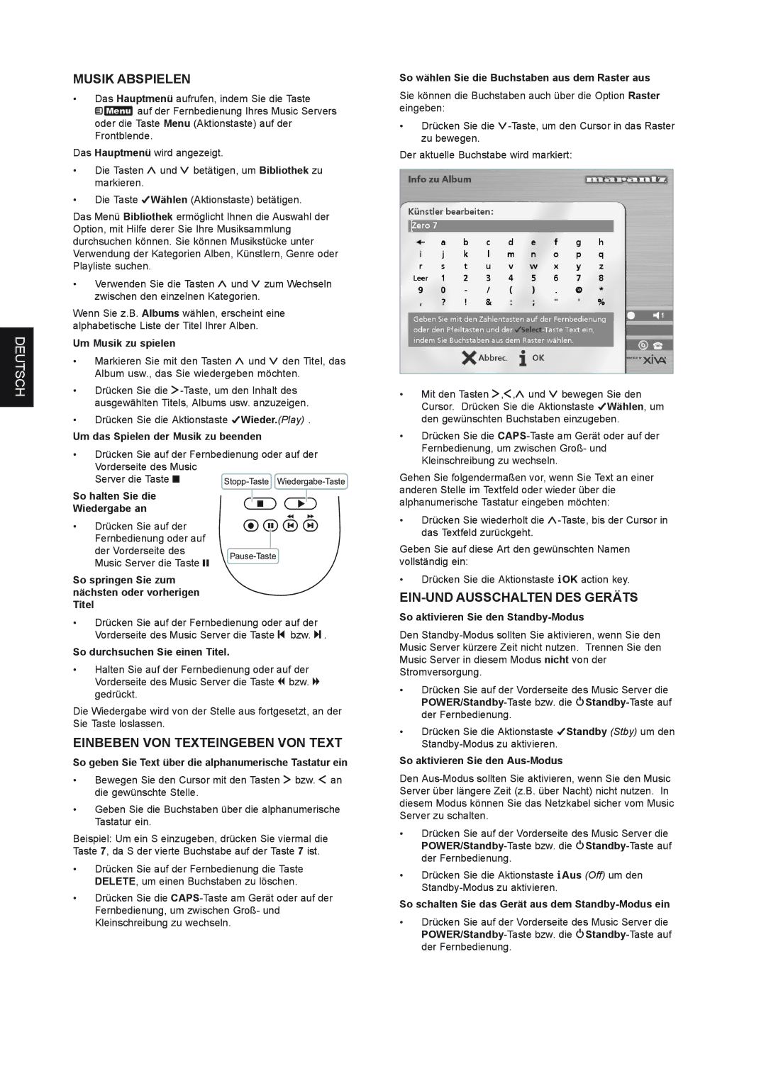 Marantz DH9300 manual Musik Abspielen, Einbeben VON Texteingeben VON Text, EIN-UND Ausschalten DES Geräts 