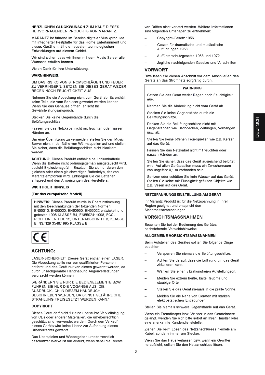 Marantz DH9300 manual Achtung, Vorwort, Vorsichtsmassnahmen, Für das europäische Modell 