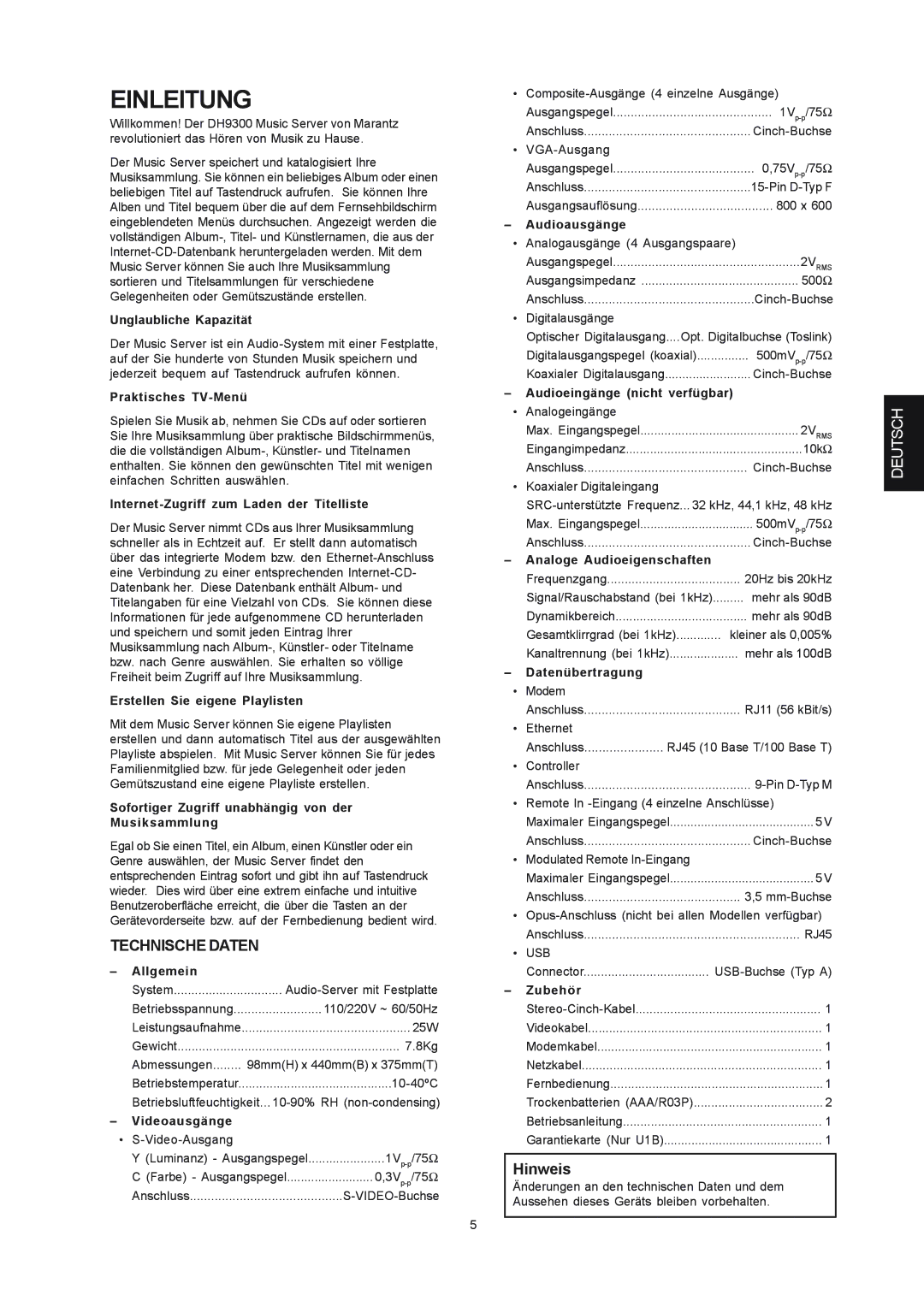 Marantz DH9300 manual Einleitung, Technische Daten, Hinweis 