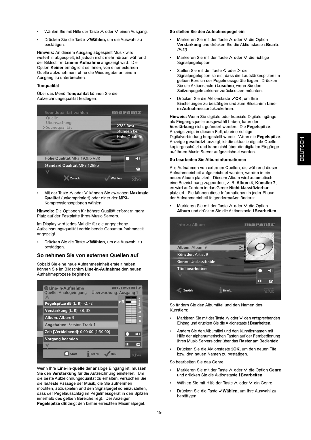 Marantz DH9500 manual So nehmen Sie von externen Quellen auf, Tonqualität, So stellen Sie den Aufnahmepegel ein 