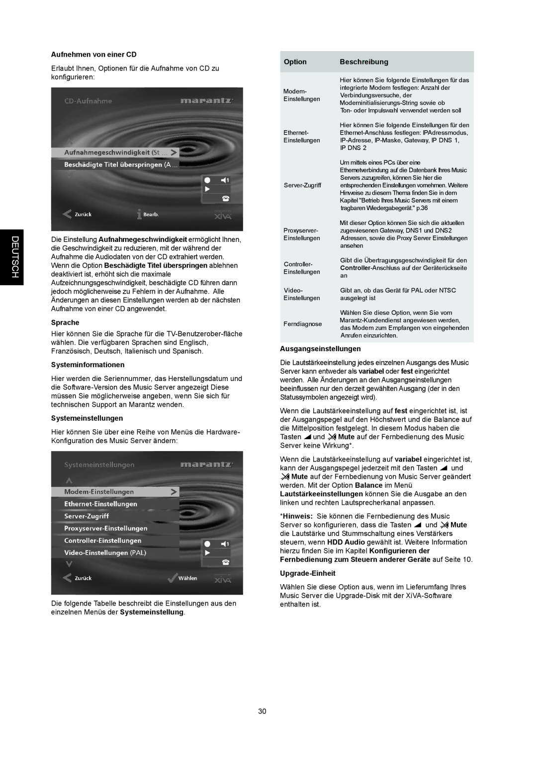 Marantz DH9500 manual Aufnehmen von einer CD, Sprache, Systeminformationen, Systemeinstellungen, Ausgangseinstellungen 