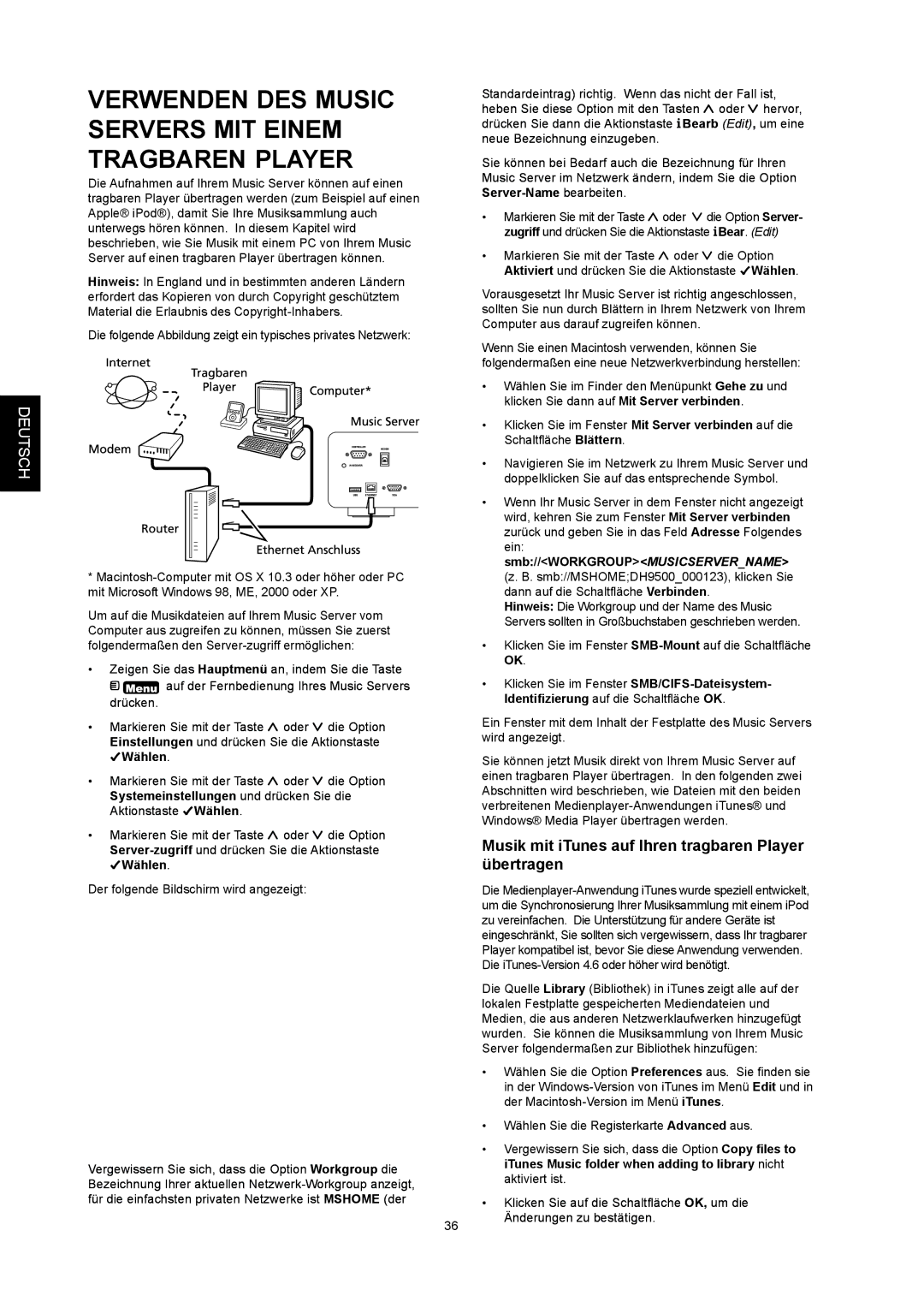 Marantz DH9500 manual Verwenden DES Music Servers MIT Einem Tragbaren Player 