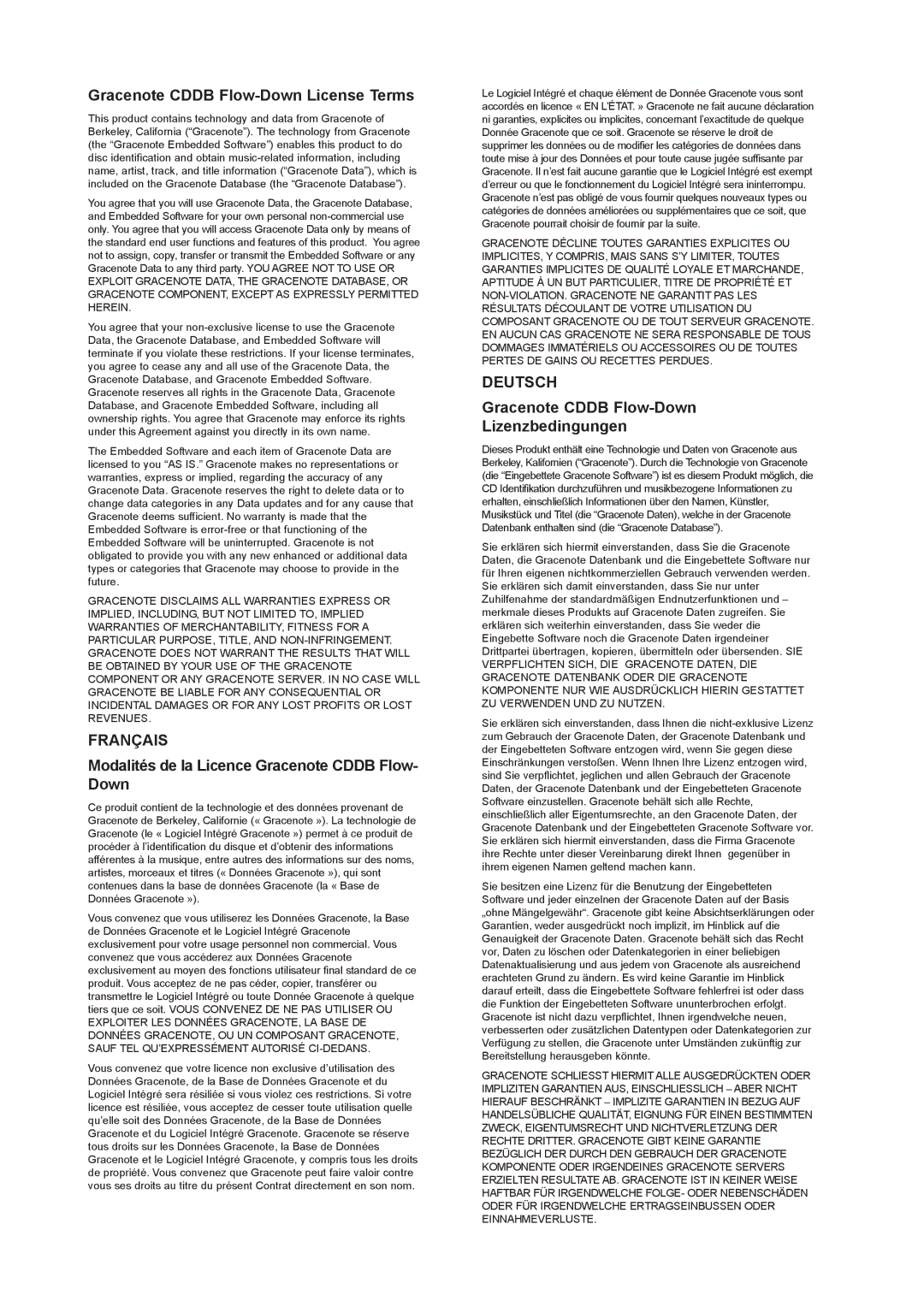 Marantz DH9500 manual Gracenote Cddb Flow-Down License Terms, Français, Modalités de la Licence Gracenote Cddb Flow- Down 