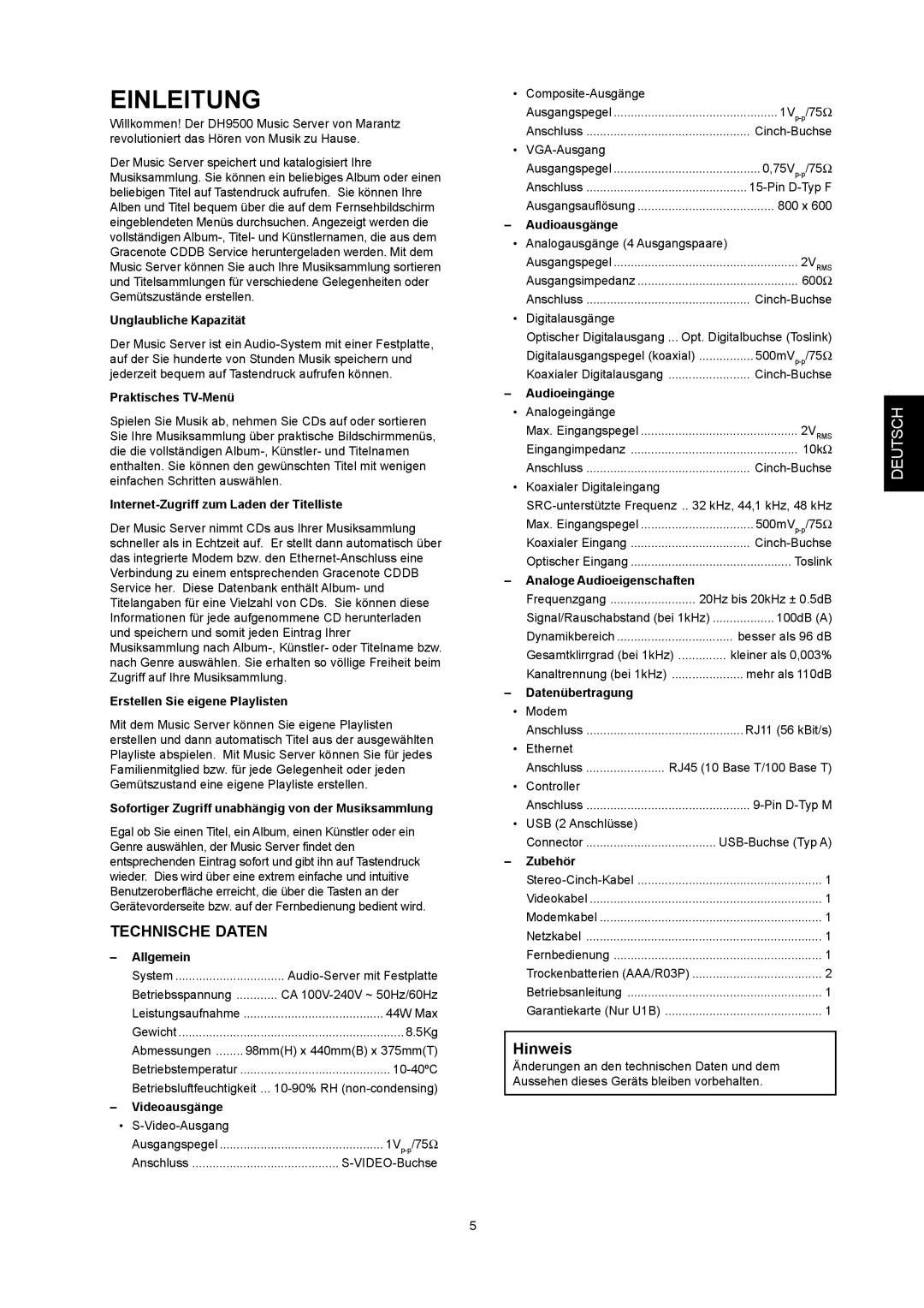 Marantz DH9500 manual Einleitung, Technische Daten, Hinweis 