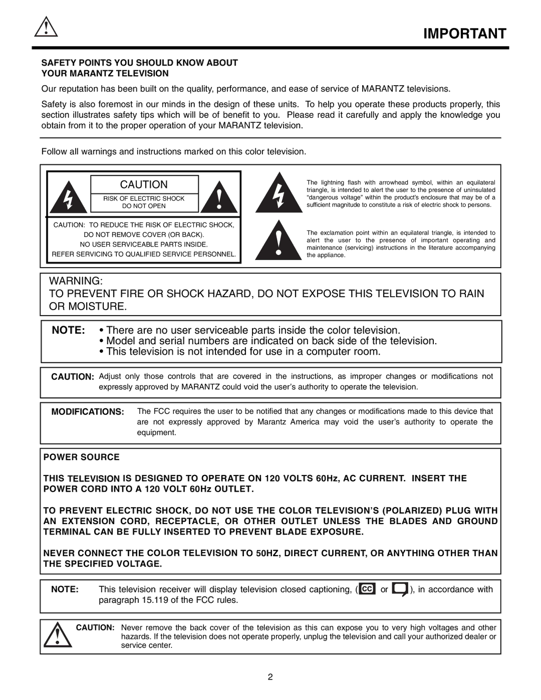 Marantz DL5500 specifications Safety Points YOU should Know about Your Marantz Television 