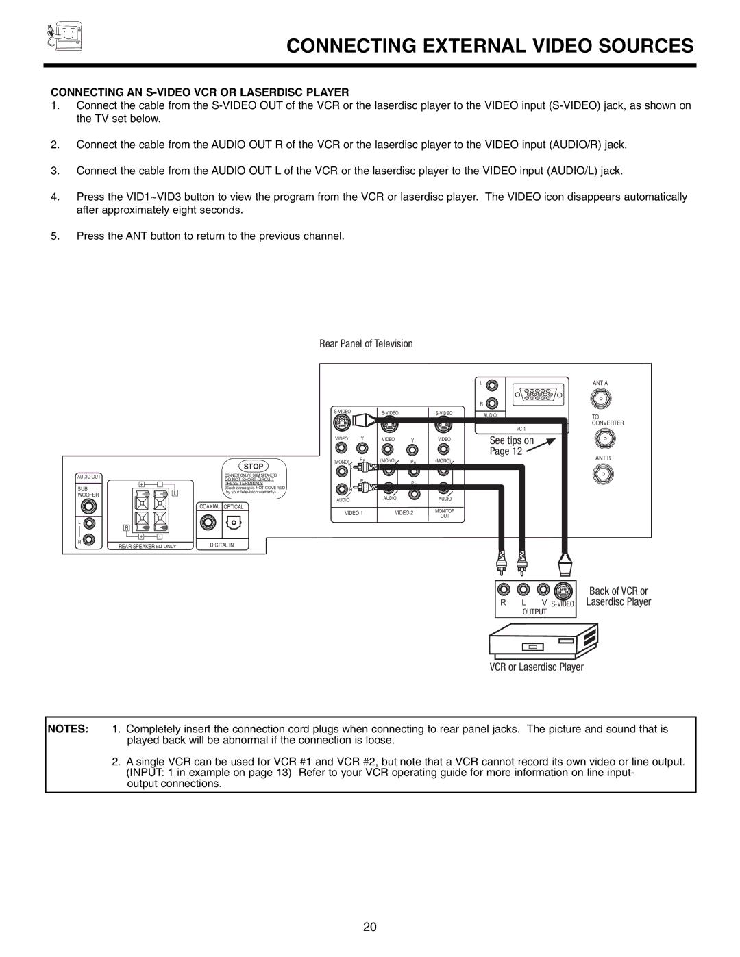 Marantz DL5500 specifications Connecting AN S-VIDEO VCR or Laserdisc Player, See tips on 