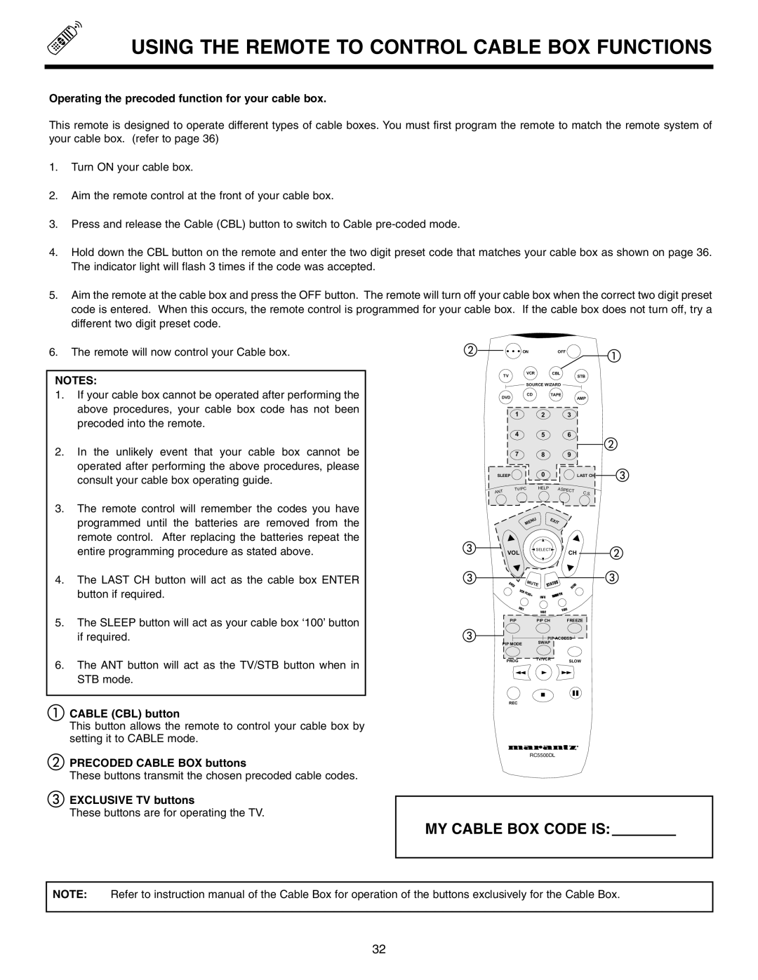 Marantz DL5500 Using the Remote to Control Cable BOX Functions, Operating the precoded function for your cable box 