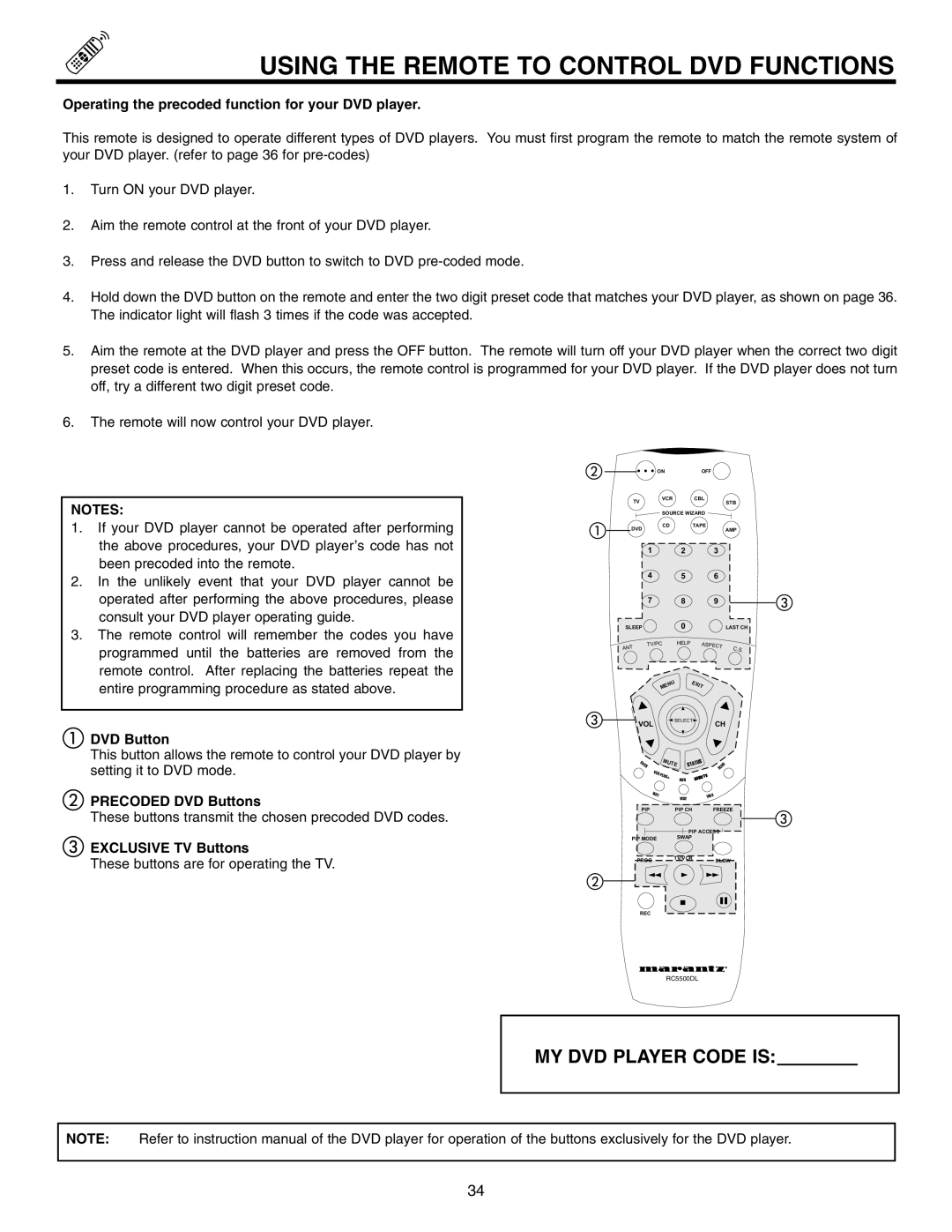 Marantz DL5500 Using the Remote to Control DVD Functions, Operating the precoded function for your DVD player 