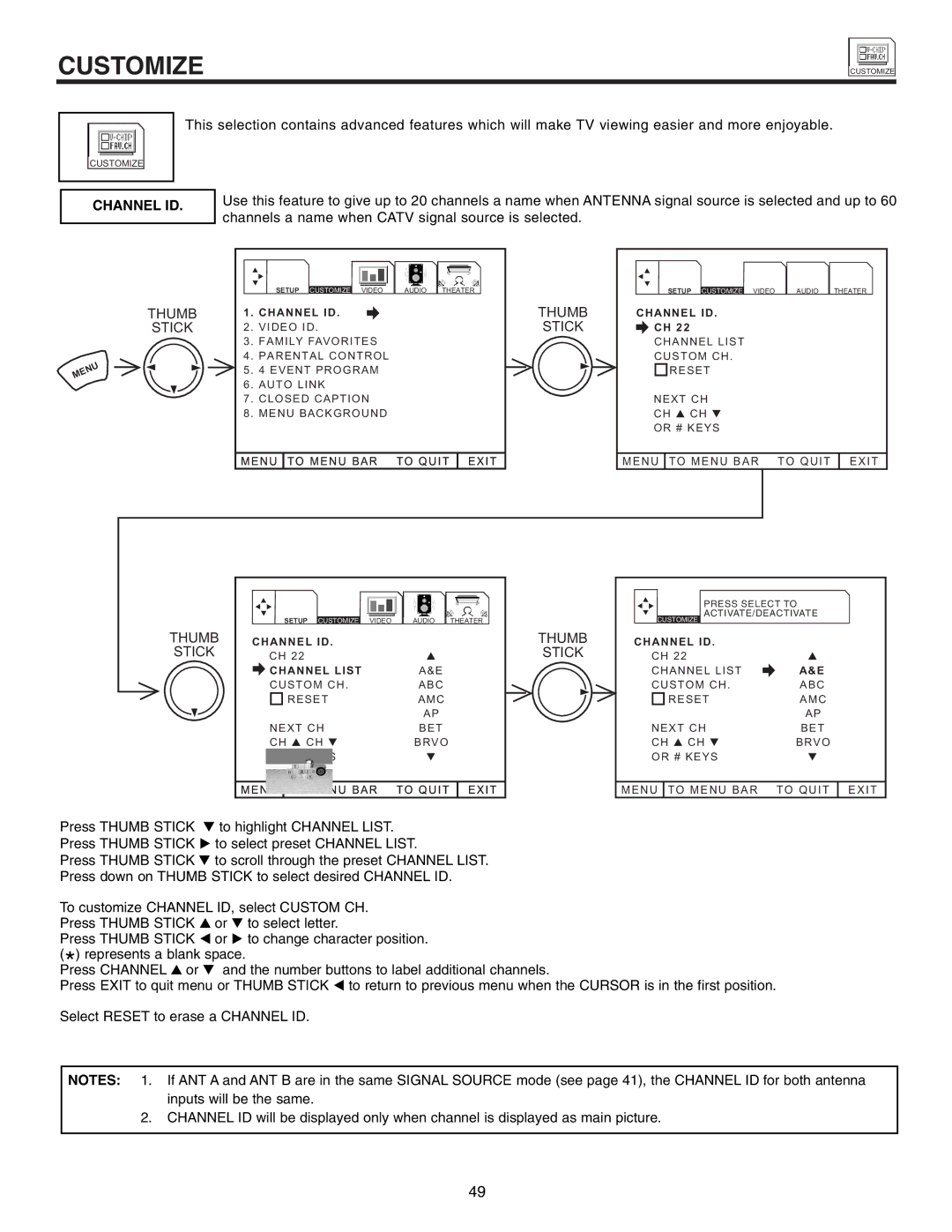 Marantz DL5500 specifications Customize, Channel ID 