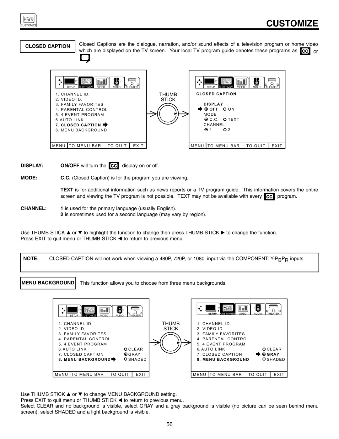 Marantz DL5500 specifications Closed Caption, Display, Mode, Channel, Menu Background 