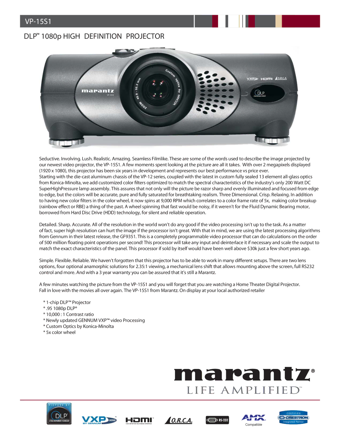 Marantz DLPTM 1080p manual VP-15S1, DLP 1080p High Definition Projector 