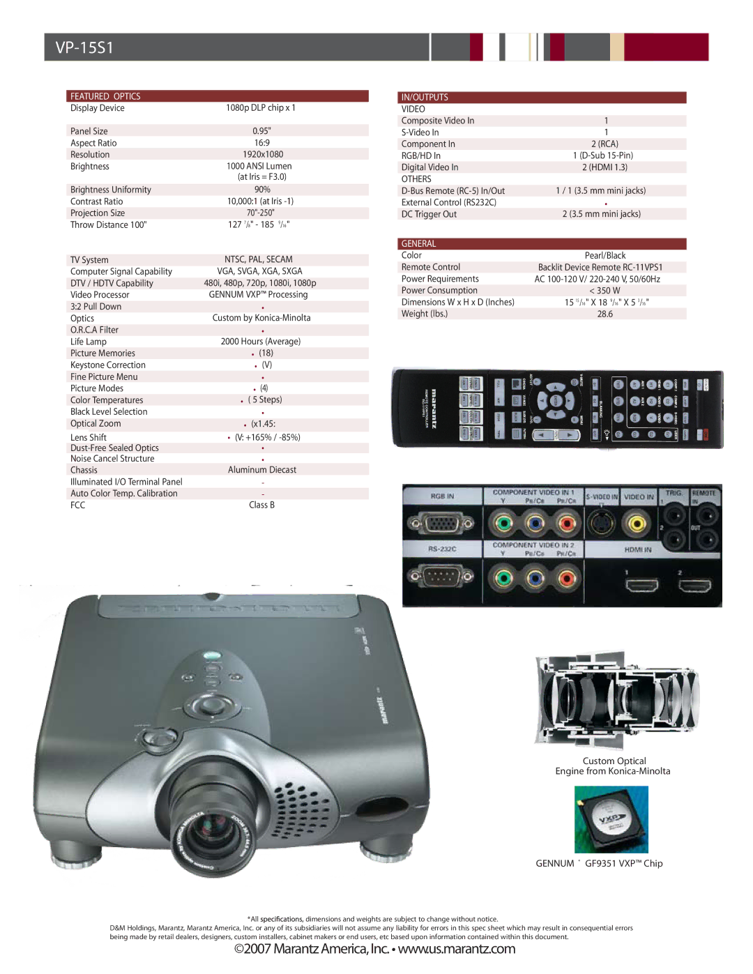 Marantz DLPTM 1080p manual Featured Optics, In/Outputs, Video, Others, General 