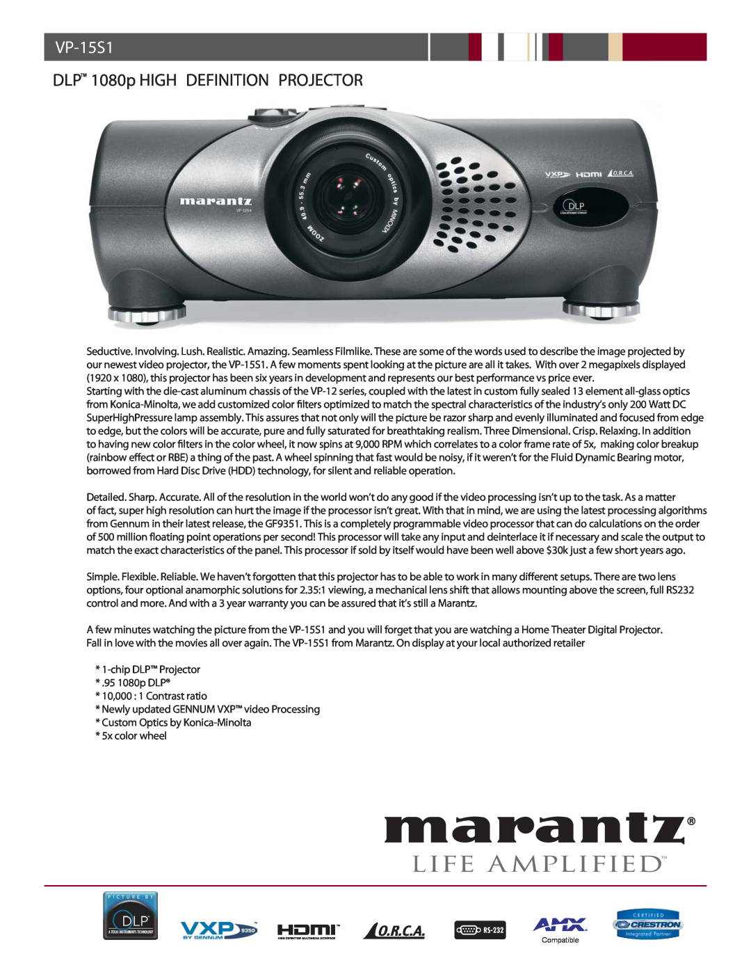 Marantz DLPTM 1080p manual VP-15S1, DLP 1080p HIGH DEFINITION PROJECTOR, Newly updated GENNUM VXP video Processing 