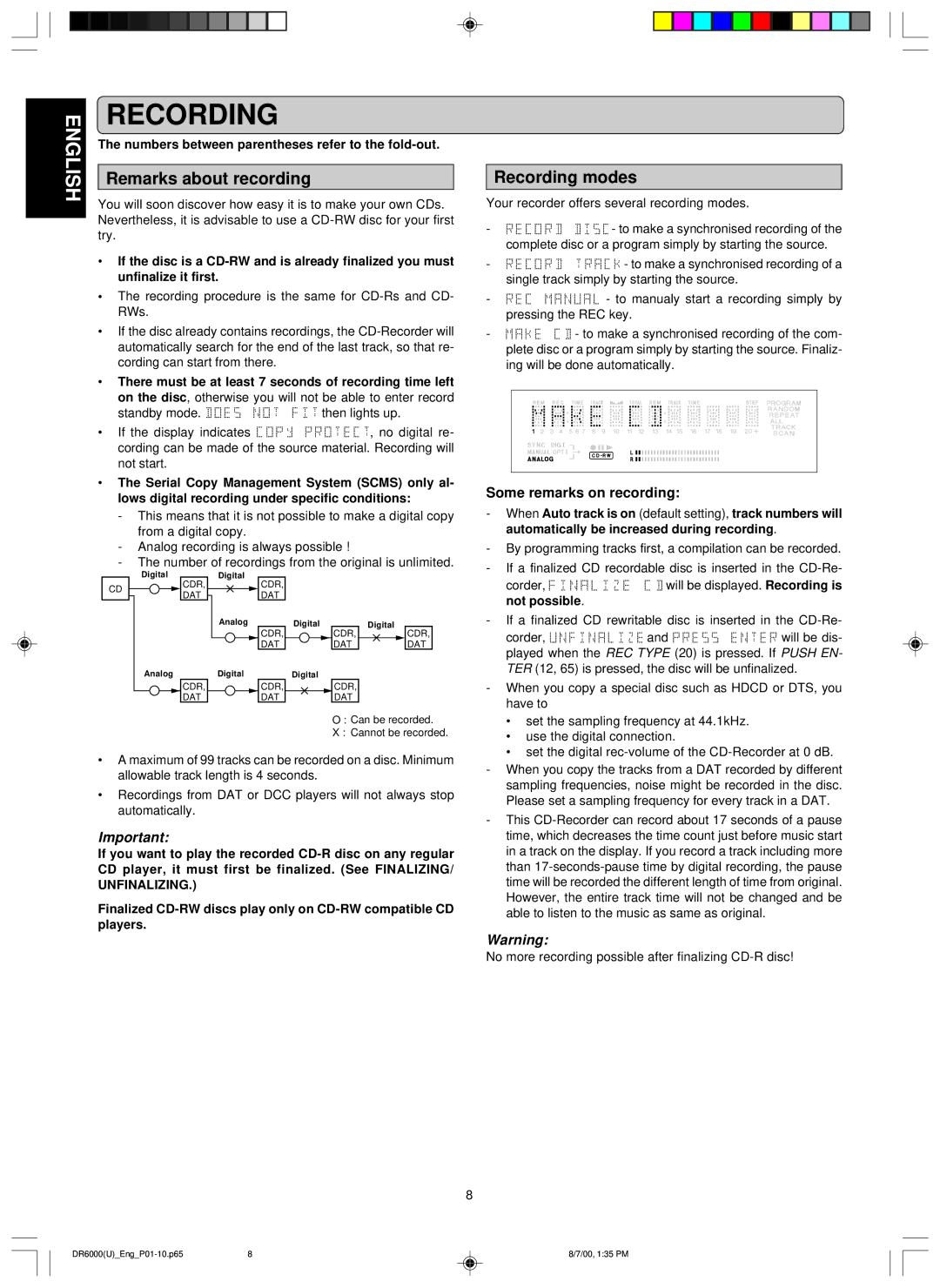 Marantz DR6000 manual Remarks about recording, Recording modes, Some remarks on recording 