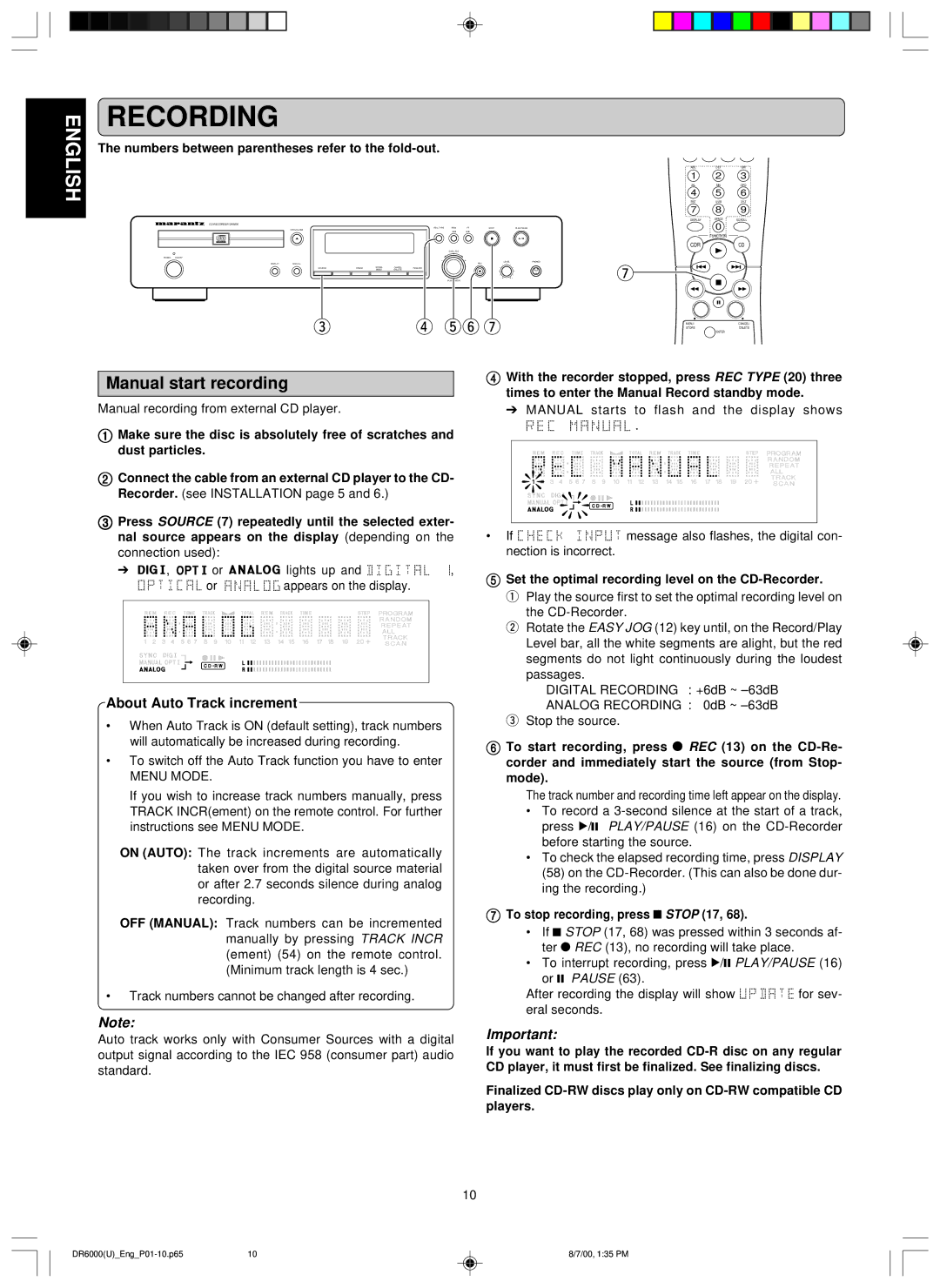 Marantz DR6000 manual Manual start recording, About Auto Track increment, To stop recording, press 9 Stop 17 