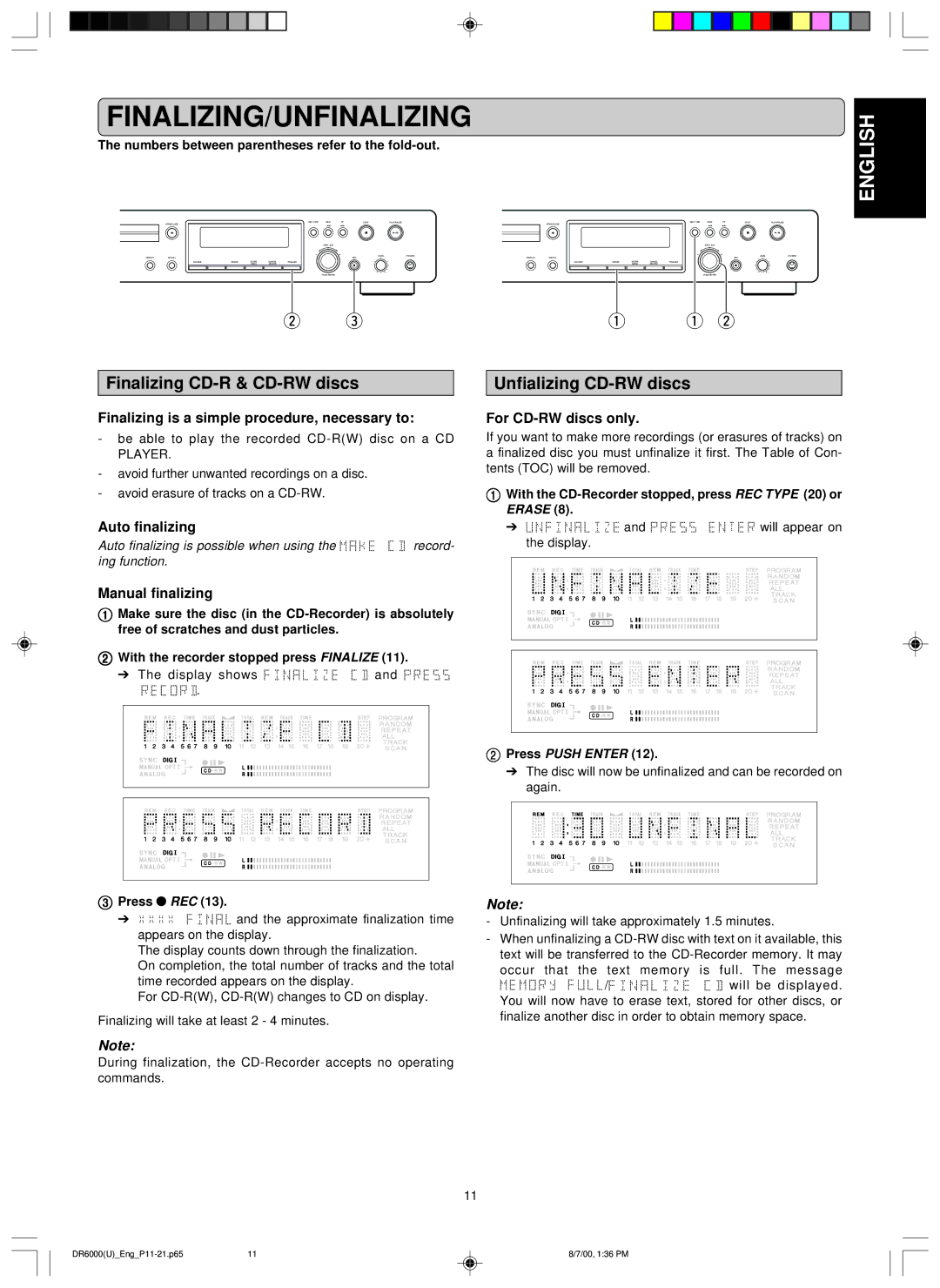 Marantz DR6000 manual Finalizing/Unfinalizing, Finalizing CD-R & CD-RW discs, Unfializing CD-RW discs 