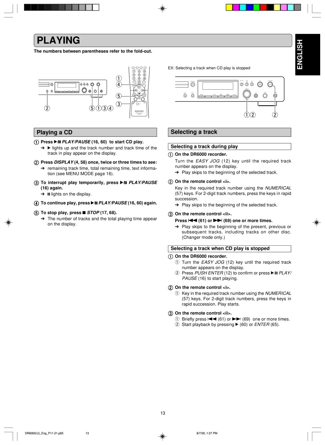 Marantz DR6000 manual Playing a CD, Selecting a track during play, Selecting a track when CD play is stopped 