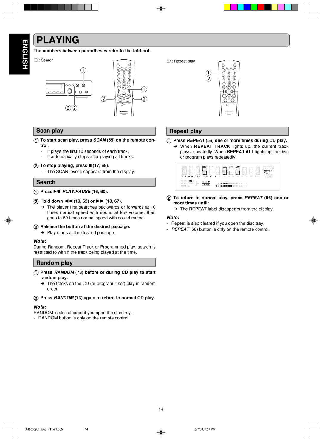 Marantz DR6000 manual Scan play, Repeat play, Search, Random play 