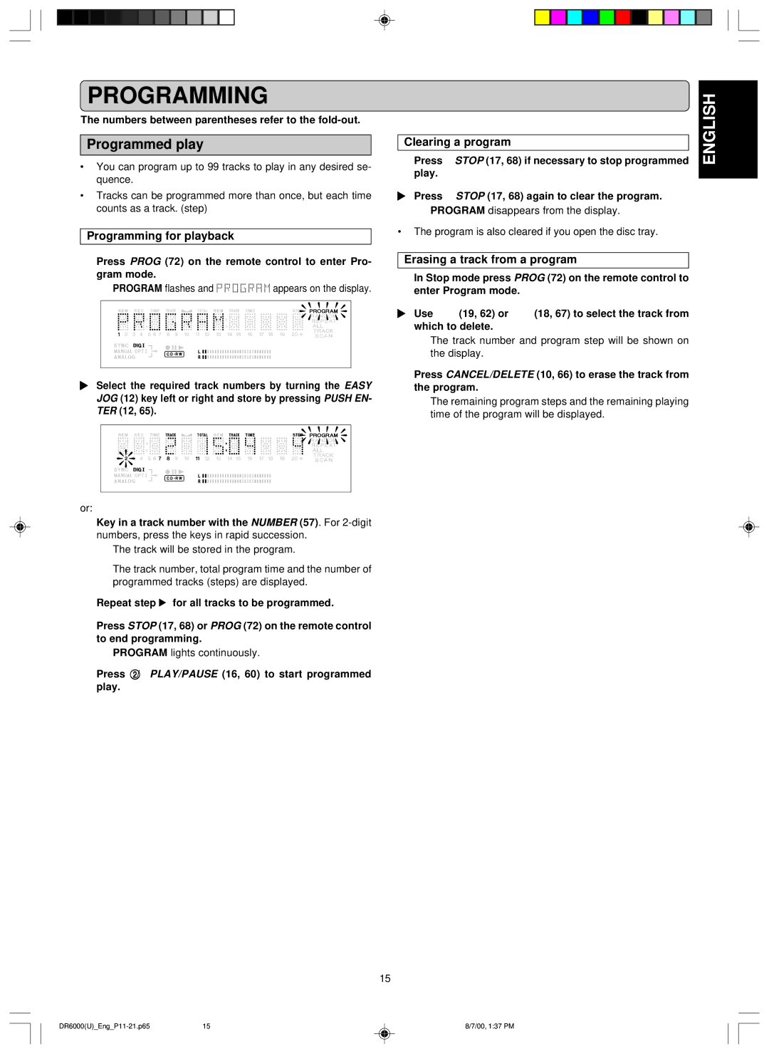 Marantz DR6000 manual Programmed play, Programming for playback, Clearing a program, Erasing a track from a program 