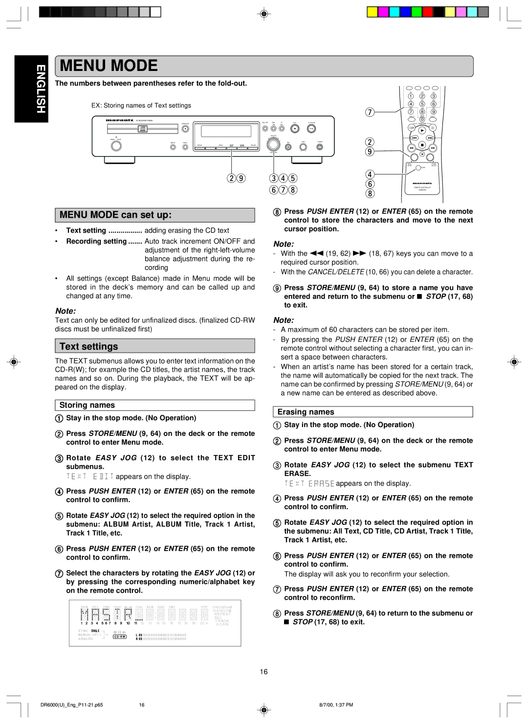 Marantz DR6000 manual Menu Mode can set up, Text settings, Storing names, Erasing names 