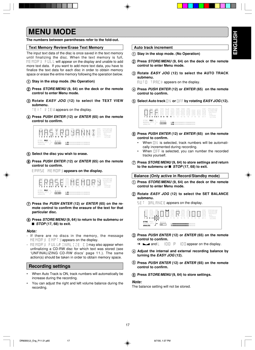 Marantz DR6000 manual Recording settings, Text Memory Review/Erase Text Memory, Auto track increment 