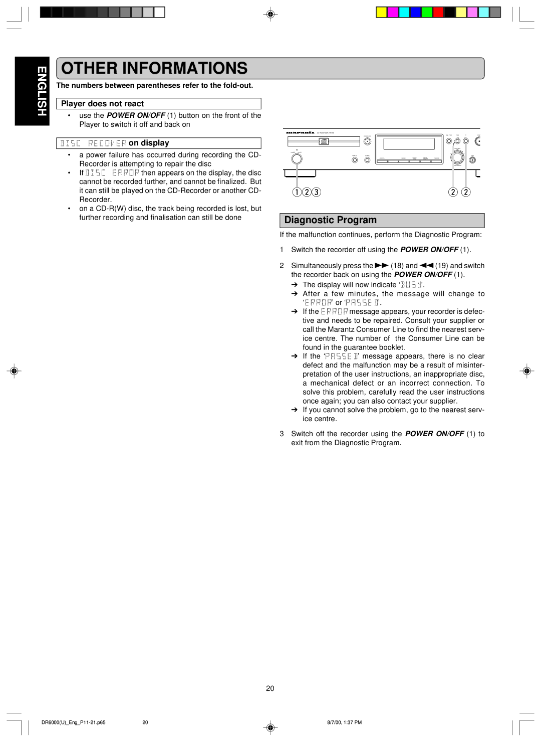 Marantz DR6000 manual Diagnostic Program, Player does not react, On display 
