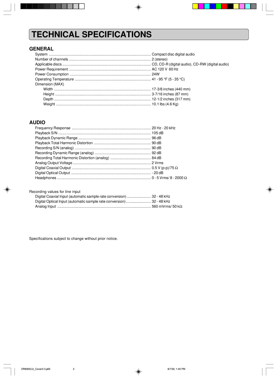 Marantz DR6000 manual Technical Specifications, General 