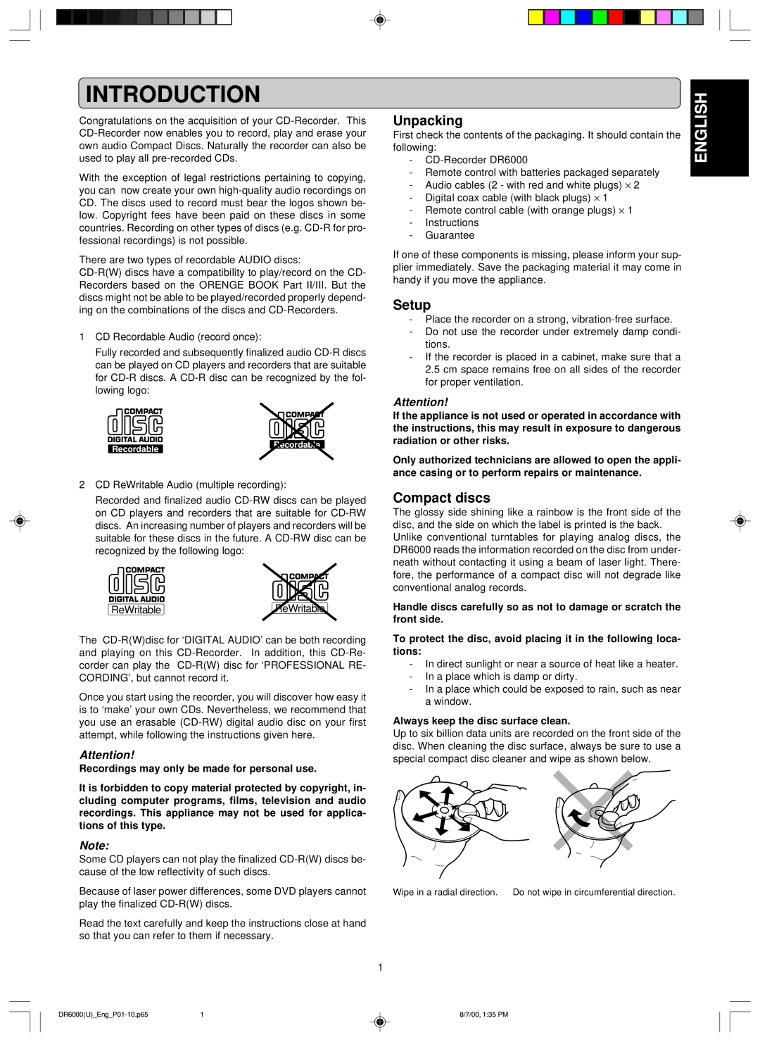 Marantz DR6000 manual Introduction, Unpacking, Setup, Compact discs, Always keep the disc surface clean 