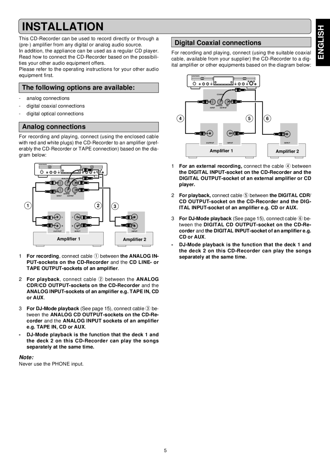 Marantz DR6050 manual Installation, Following options are available, Analog connections, Digital Coaxial connections 