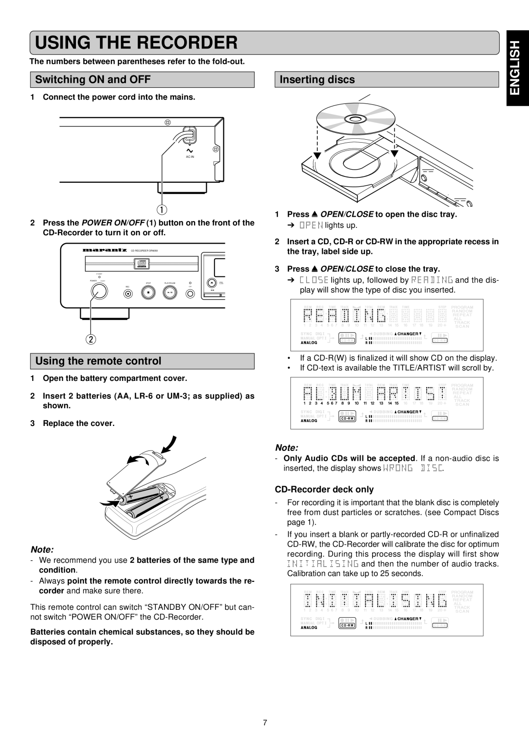 Marantz DR6050 Using the Recorder, Switching on and OFF Inserting discs, Using the remote control, CD-Recorder deck only 