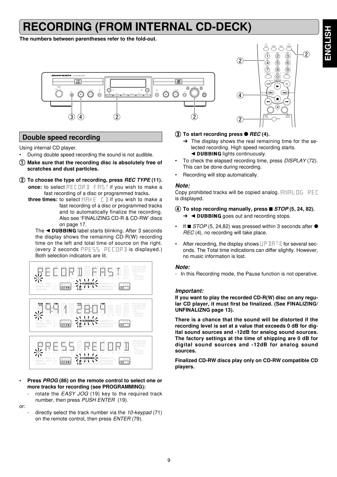 Marantz DR6050 manual Recording from Internal CD-DECK, Double speed recording, Three times to select 