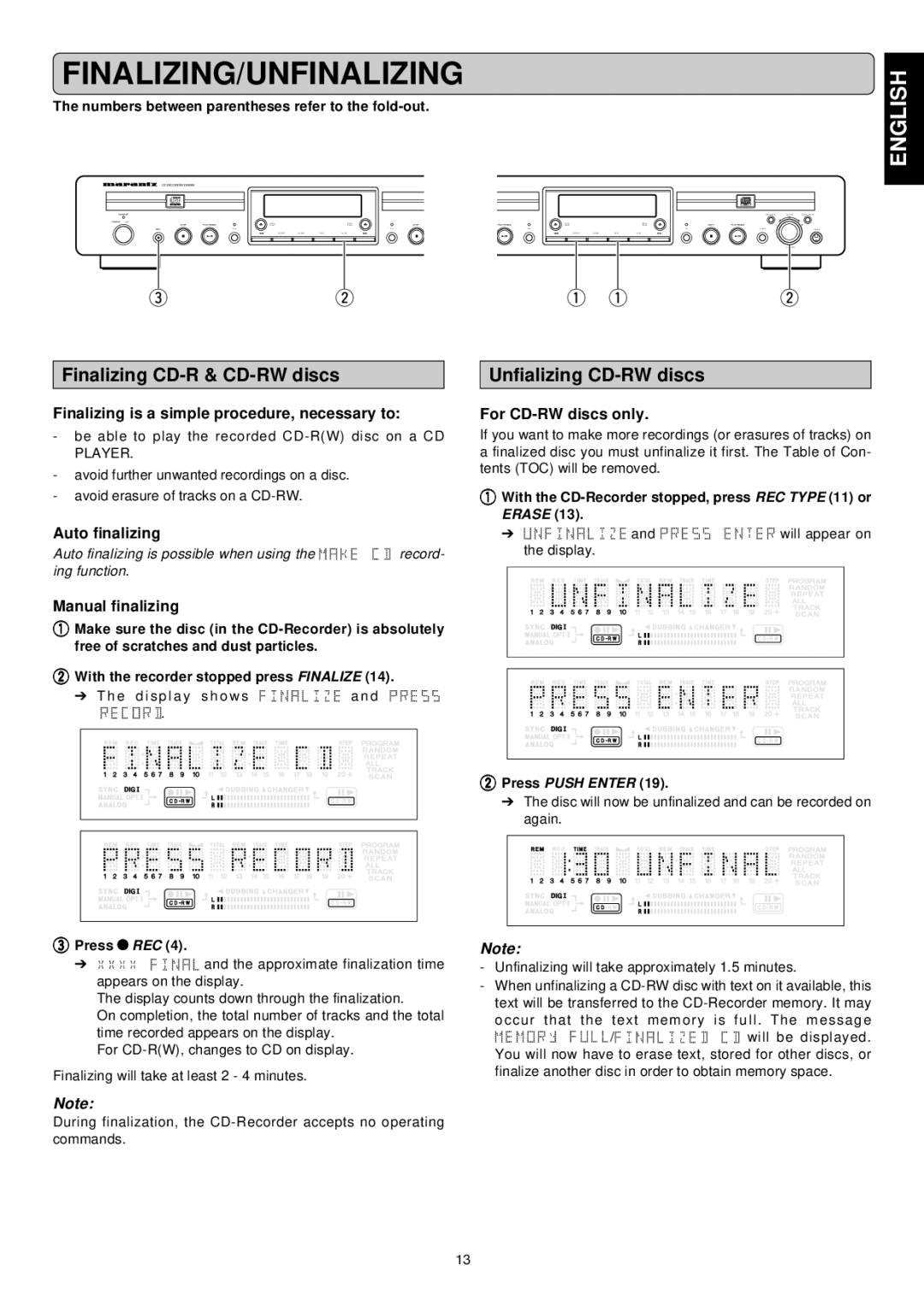 Marantz DR6050 manual Finalizing/Unfinalizing, Finalizing CD-R & CD-RW discs, Unfializing CD-RW discs 