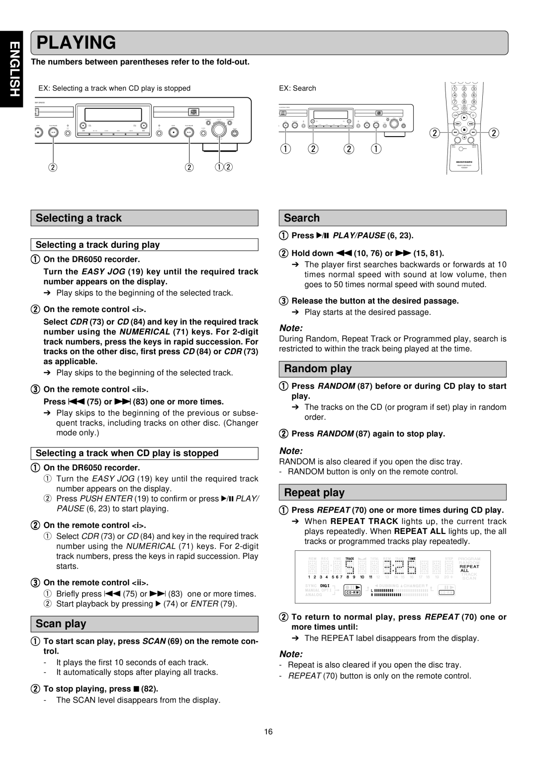 Marantz DR6050 manual Selecting a track, Scan play, Search, Random play, Repeat play 