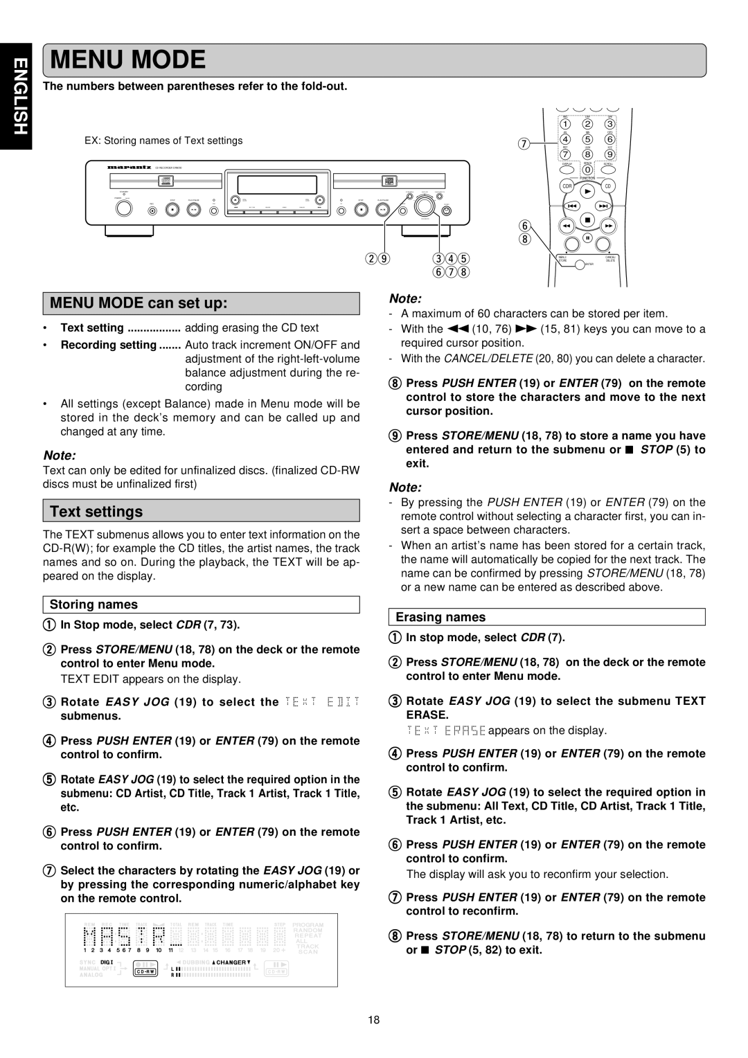 Marantz DR6050 manual Menu Mode can set up, Erasing names, Text setting ................. adding erasing the CD text 