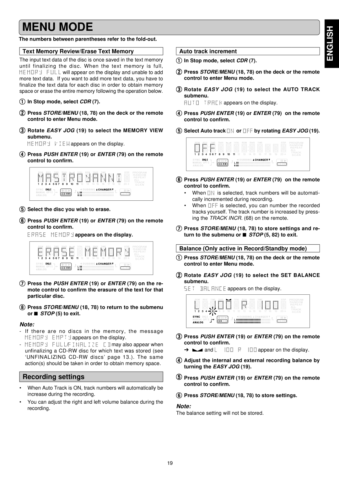 Marantz DR6050 manual Recording settings, Text Memory Review/Erase Text Memory, Auto track increment 