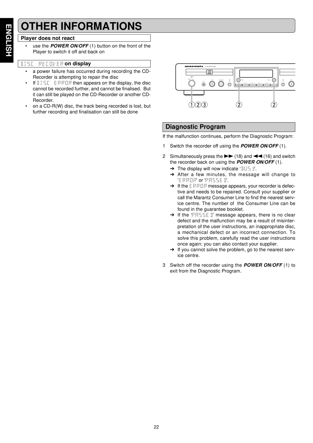 Marantz DR6050 manual Diagnostic Program, Player does not react, On display 