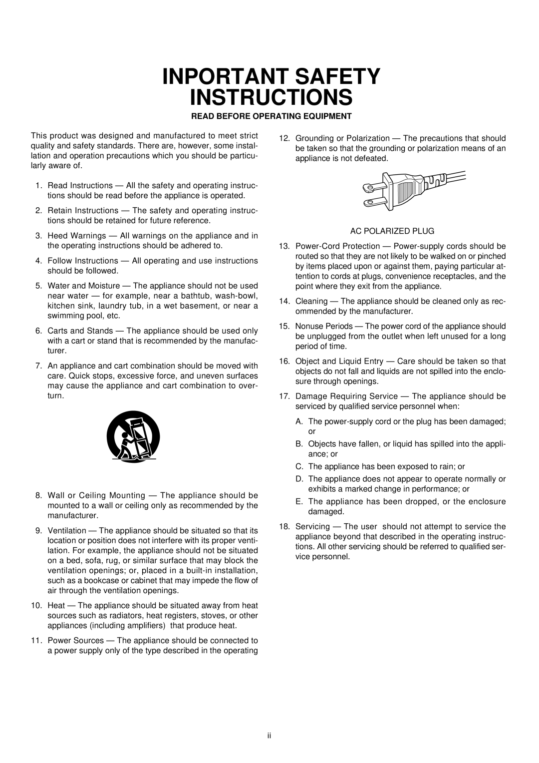 Marantz DR6050 manual Inportant Safety Instructions, AC Polarized Plug 