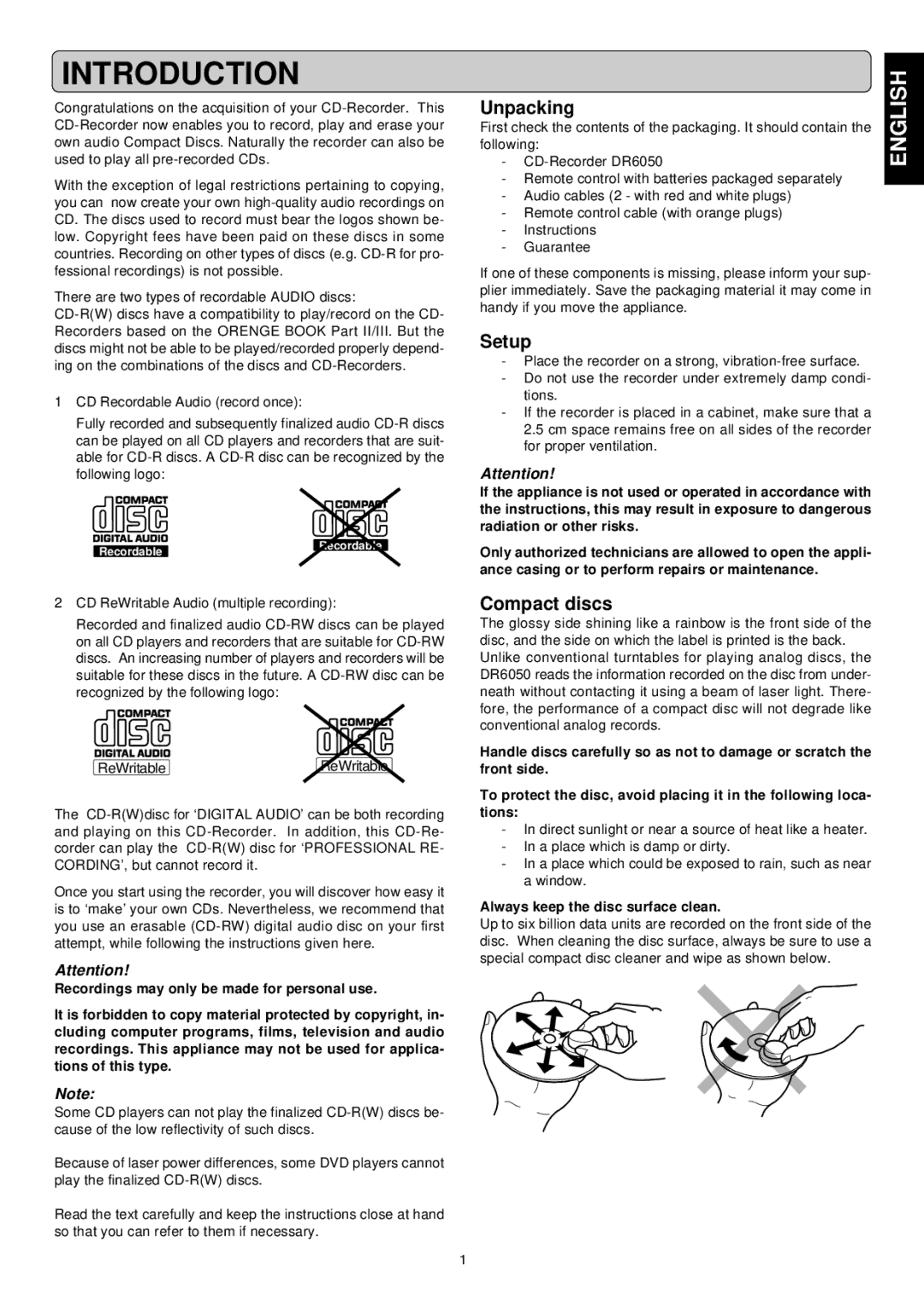 Marantz DR6050 manual Introduction, Unpacking, Setup, Compact discs, Always keep the disc surface clean 