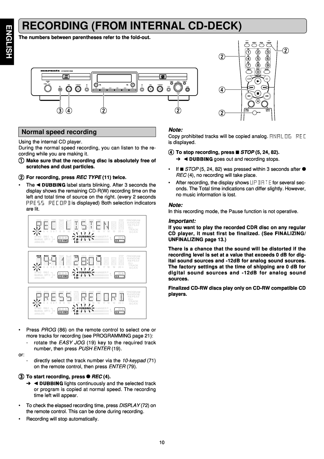 Marantz DR6050 manual Recording From Internal Cd-Deck, English, Normal speed recording 