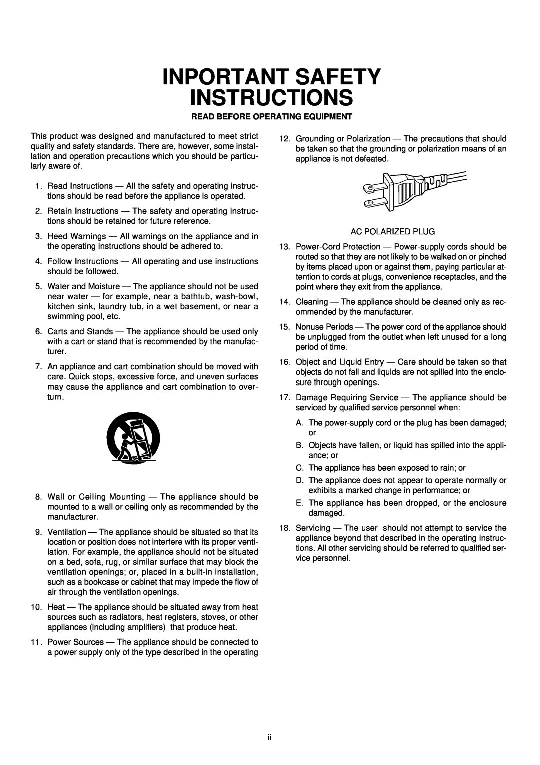 Marantz DR6050 manual Inportant Safety Instructions, Read Before Operating Equipment 