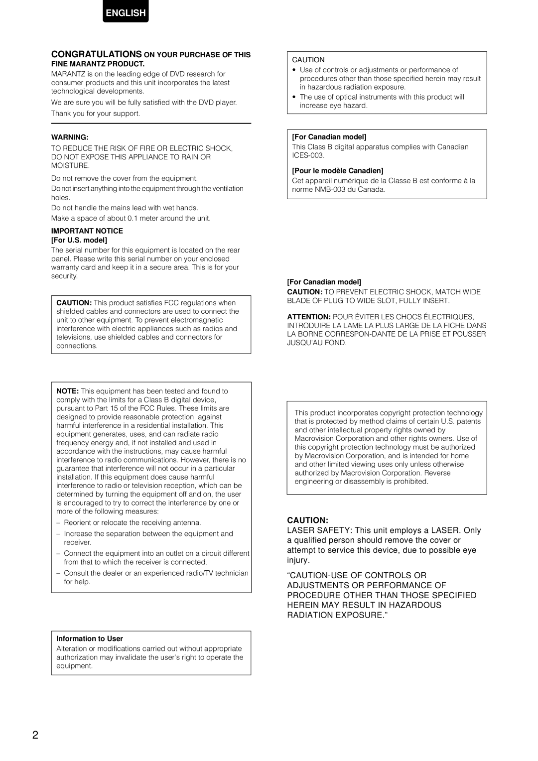 Marantz DV-12S1 manual Important Notice For U.S. model, Information to User, For Canadian model, Pour le modèle Canadien 