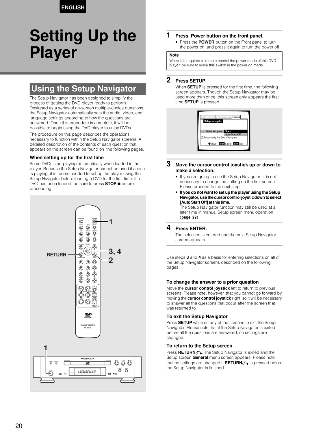 Marantz DV-12S1 manual Setting Up the Player, Using the Setup Navigator, Return 