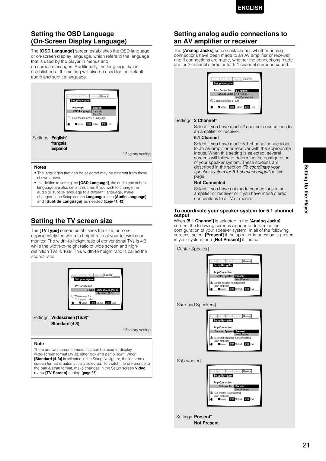 Marantz DV-12S1 manual Setting the OSD Language On-Screen Display Language, Setting the TV screen size, Output 