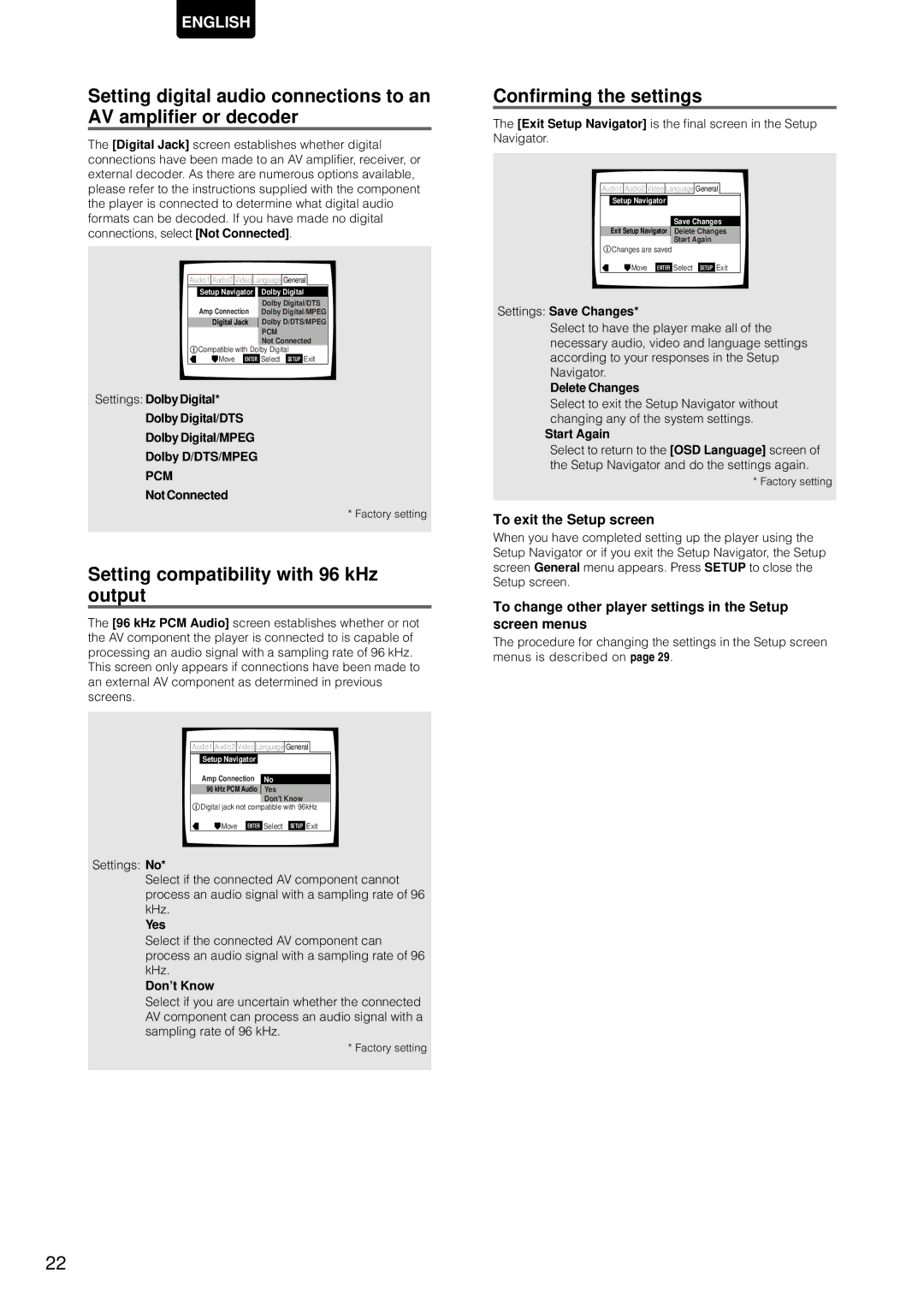 Marantz DV-12S1 manual Setting compatibility with 96 kHz output, Confirming the settings, To exit the Setup screen 