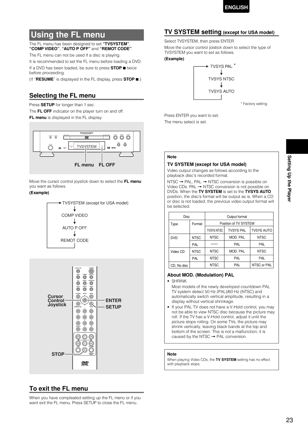 Marantz DV-12S1 manual Using the FL menu, Selecting the FL menu, To exit the FL menu 