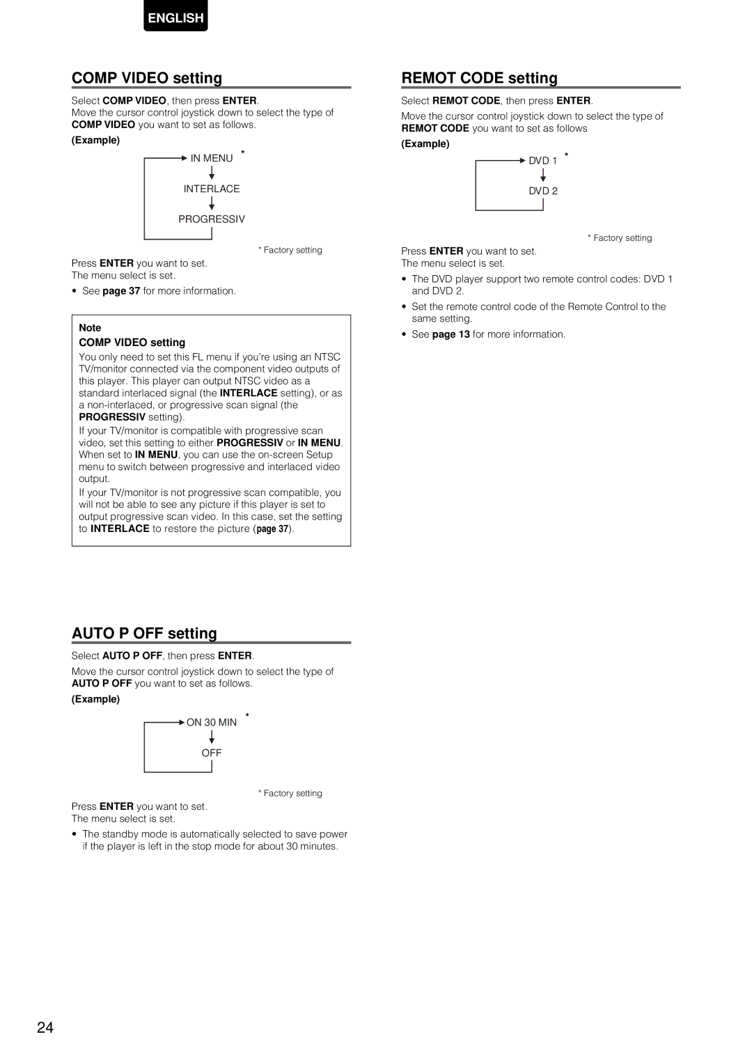 Marantz DV-12S1 manual Comp Video setting, Auto P OFF setting, Remot Code setting 